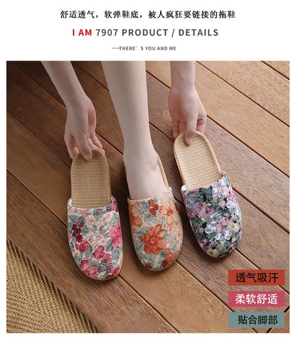 Baotou Spring & Fall Indoor Comfortable and Breathable Linen All Year Round Home Fabric Sandals for Women and Couples Floor Soft Bottom Home