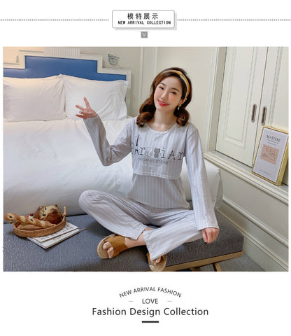 Women Nursing Pyjamas Homewear Spring Autumn Maternity Pajamas Set Cute Breastfeeding Clothes Long-sleeved Pregnancy Sleepwear
