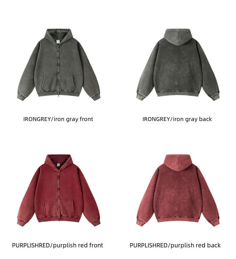 TILANI men's sweater cardigan fleece-lined thickened zipper coat 360g washed vintage waxed casual hoodie