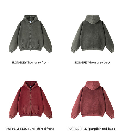 TILANI men's sweater cardigan fleece-lined thickened zipper coat 360g washed vintage waxed casual hoodie