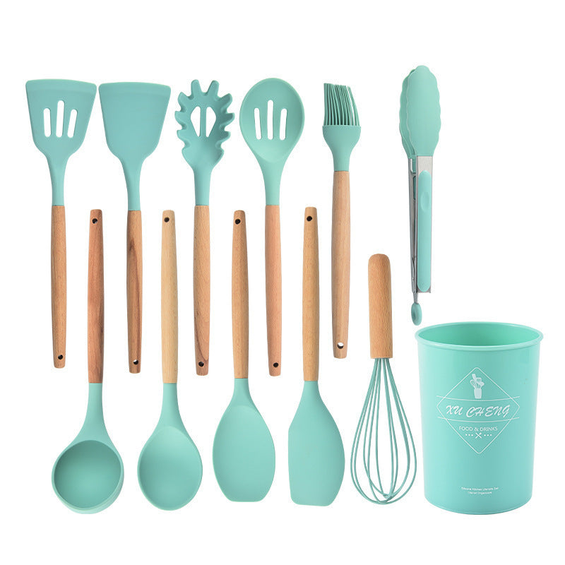 Wholesale Wooden Handle Silicone Kitchenware 12 Pieces suit Household Non-Stick Cooking High Temperature Resistant Cooking Silicone Spoon suit