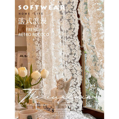French-Style Retro Palace Lace Embroidery Cream Sheer Curtain for Bay Window, Light-Transmitting, No-Drill Partition Half Curtain Door Curtain