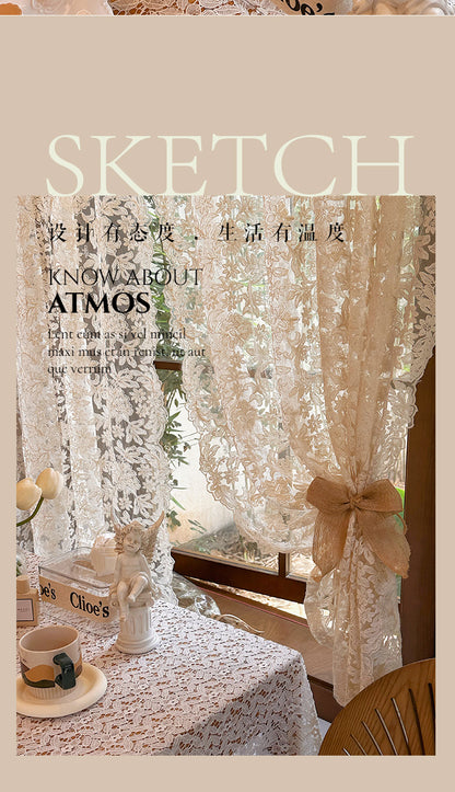 French-Style Retro Palace Lace Embroidery Cream Sheer Curtain for Bay Window, Light-Transmitting, No-Drill Partition Half Curtain Door Curtain