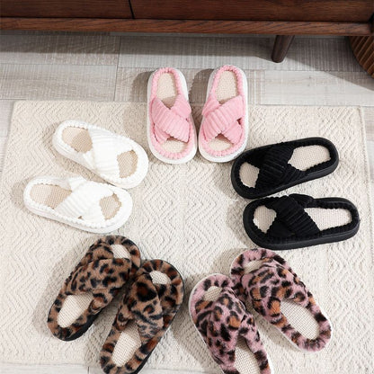 Cross-Border 2023 New Style Home Linen Slippers with a Stepping-On-Clouds Feel, Simple and Casual, Comfortable Lace Suede Women's Plush Slippers