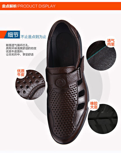Leather cowhide special clearance shoes hollow leather sandals men's casual hole shoes middle-aged business dad shoes