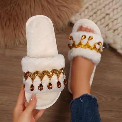 Thick-Soled Furry Slippers for Women in Autumn and Winter Indoor and Outdoor 2025 New Tassel Rhinestone Plush Slippers One-Line Cotton Slippers for Women