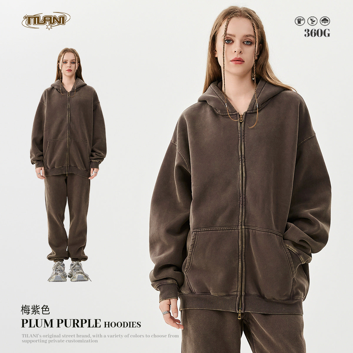 TILANI men's sweater cardigan fleece-lined thickened zipper coat 360g washed vintage waxed casual hoodie