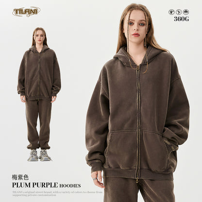 TILANI men's sweater cardigan fleece-lined thickened zipper coat 360g washed vintage waxed casual hoodie