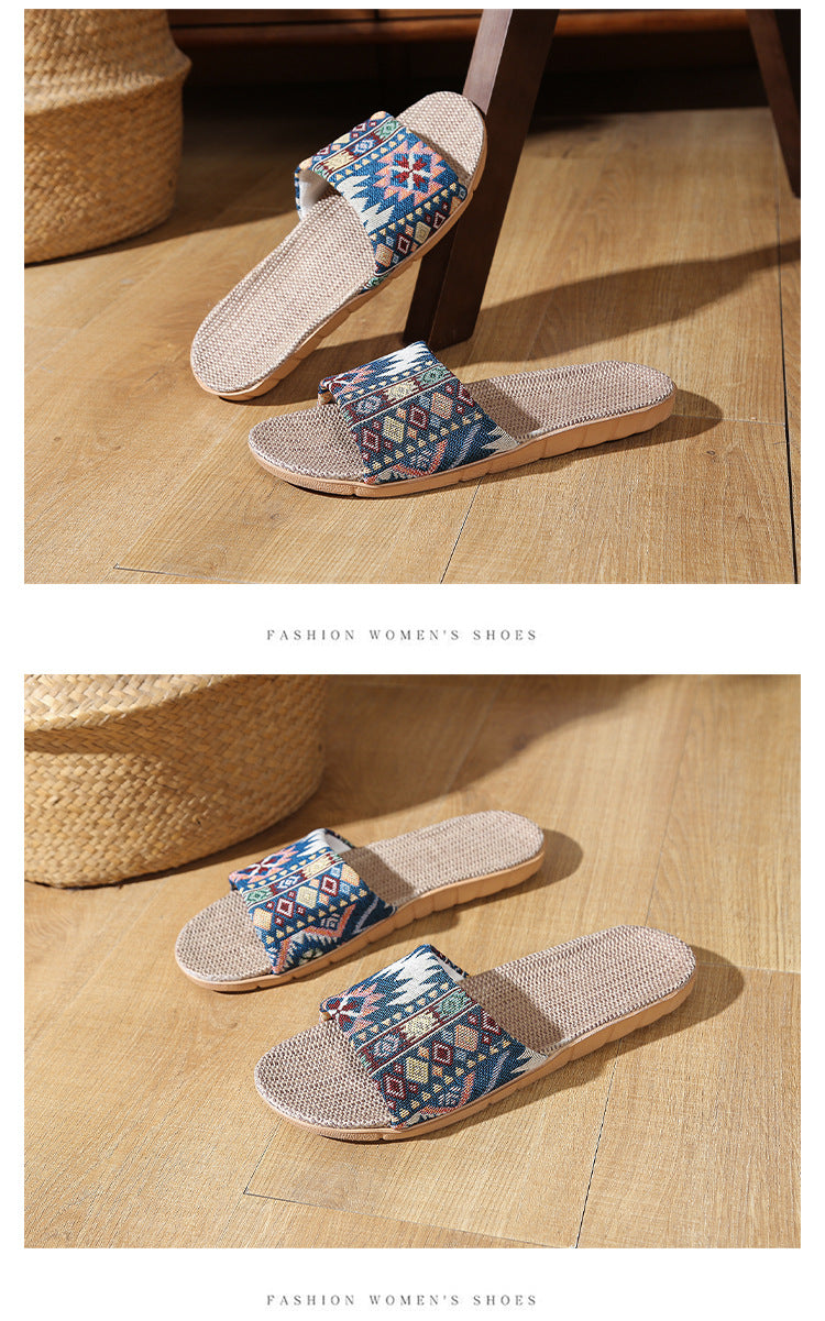 Four Seasons Home Linen Slippers Fashion Printed Thick Sole Non-Slip Sweat-Absorbent Wear-Resistant Large Sole Couple Linen Slippers Ethnic Style