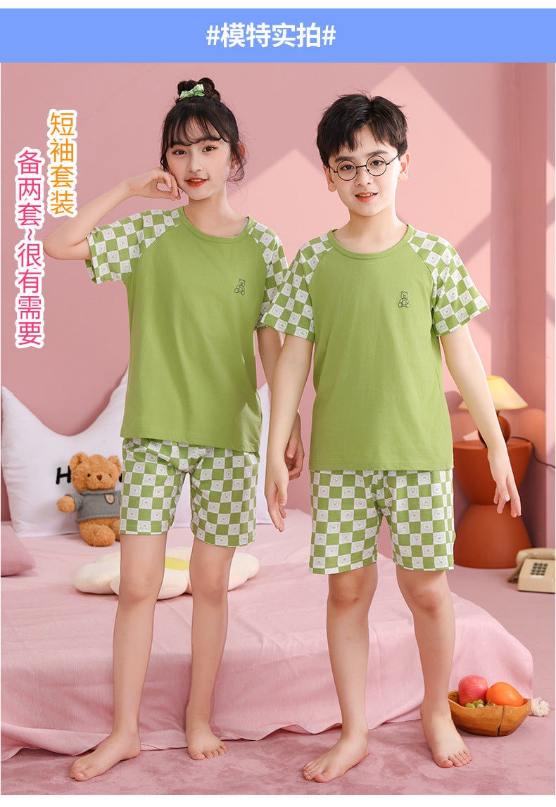 Children's Pajamas, Pure Cotton, Summer Short-Sleeved Shorts Set for Boys, Home Clothes for Girls, Air-Conditioned Clothes for Middle-Aged and Older Boys