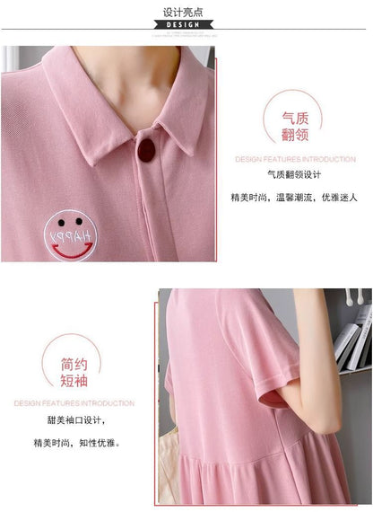 Pregnant Women's Dress Women's Summer Trendy Mom Thin Short-sleeved Top Pink Polo Collar Fashion Nursing Summer Dress