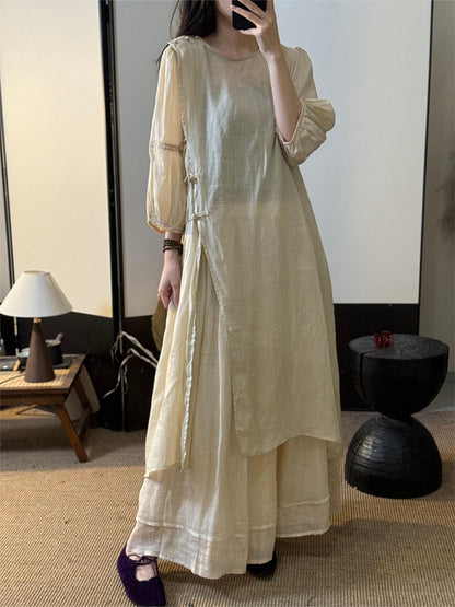 Summer New Style Quality Ramie Handmade Buckle Lace Lace Guofeng dress Double-Layer Skirt suit
