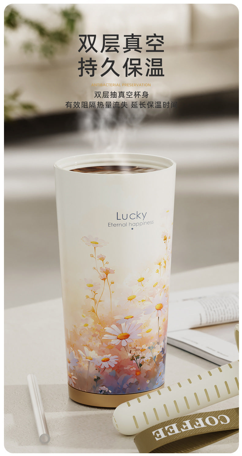 New Ceramic Thermos Coffee Cup for Girls, a Lucky Charm with High Aesthetic Value, Double Drinking Cup, Lily of the Valley Gift Cup