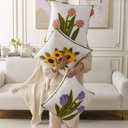 Nordic Towel Embroidered Embroidered Embroidered Pillow Living Room Cream Sofa Cushion Flower Model Room Bay Window Cushion Cover
