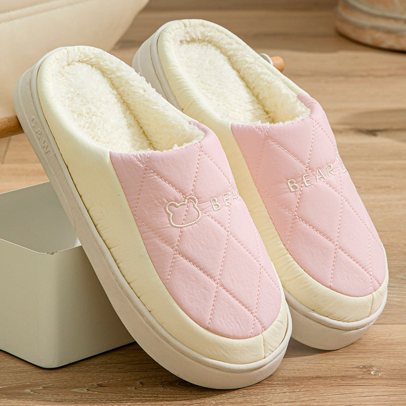 Winter Cotton Slippers for Women, Non-Slip, Warm and Velvet, Couple Style Indoor Cartoon Furry Shoes, Half-Pack Heel Home Shoes for Men