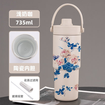 Cross-border high-value 316 stainless steel thermos cup large-capacity double-drink ceramic liner car cup portable handle cup