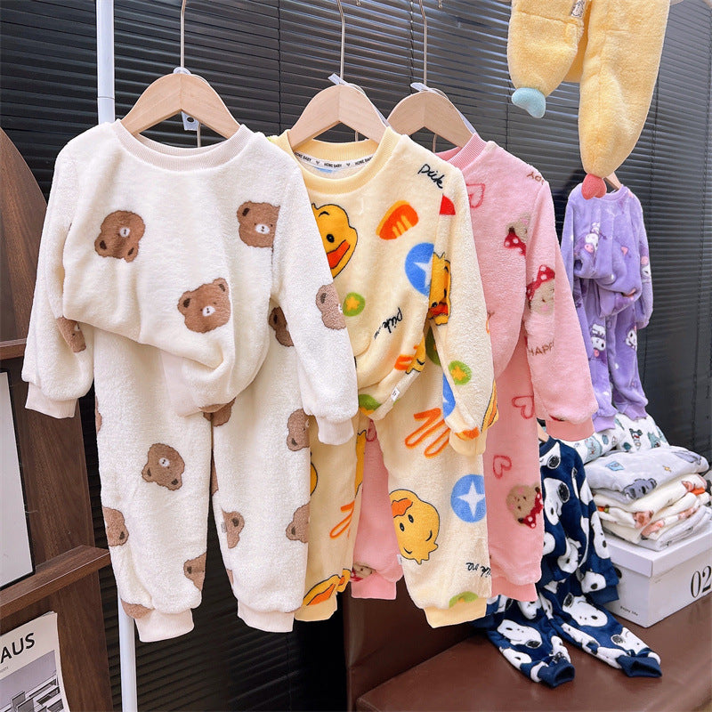 Men's and Women's Flannel Pajamas suit Autumn and Winter Middle and Big Children's Warm fleece-lined Thickened Autumn Clothes and Pants Home Clothes