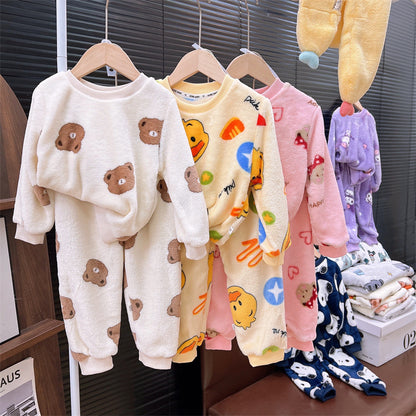 Men's and Women's Flannel Pajamas suit Autumn and Winter Middle and Big Children's Warm fleece-lined Thickened Autumn Clothes and Pants Home Clothes
