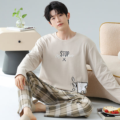 Plus Size 5XL 100% Cotton Men's Long-Sleeved Pajamas Spring & Fall Long-Sleeved 105kg Can Be Worn Outside Home Clothes Set