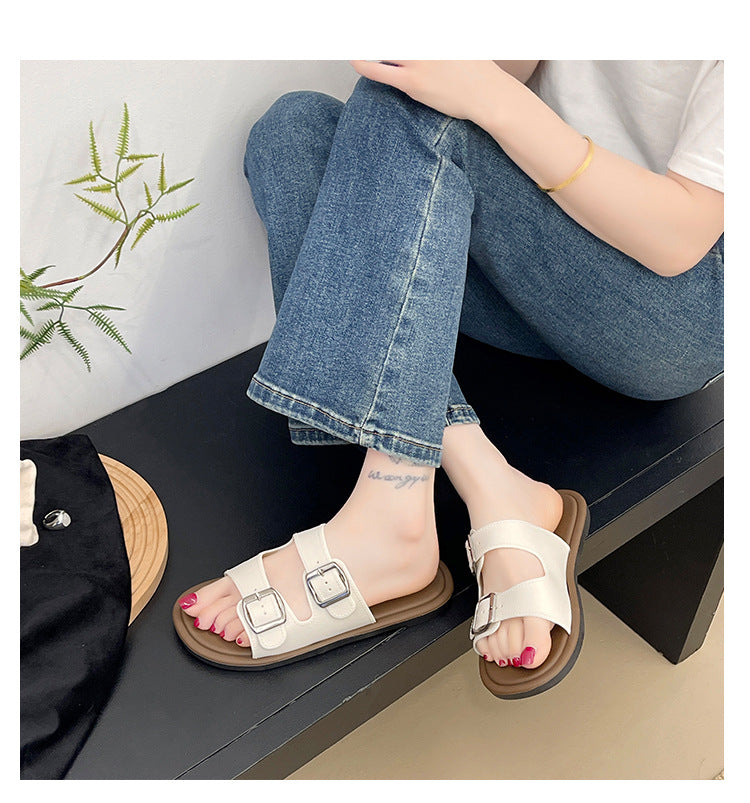 Cross-Border Slippers for Women Summer Flat Slippers Southeast Asia New Double Buckle Foreign Trade Fashion Outer Wear Beach Sandals