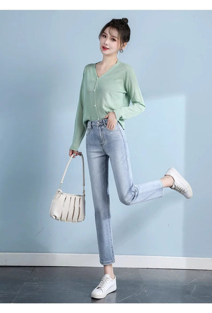 Light-Colored Straight-Leg Jeans for Women, 2026 Spring New Trendy High-Waisted Slimming Pants, Petite Cropped Cigarette Pants