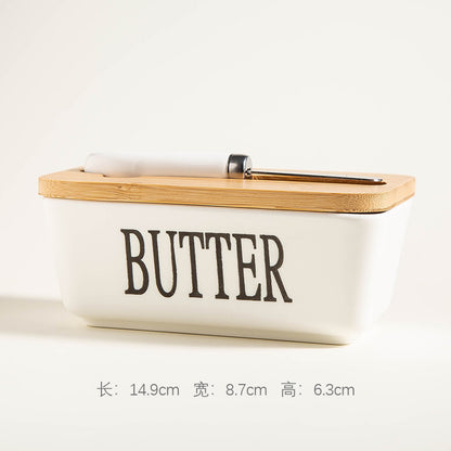 Ceramic Butter Box Rectangular Butter Sealing Box Cuttable Refrigerated Refrigerator Cheese Storage Box with Wooden Lid Butter Dish