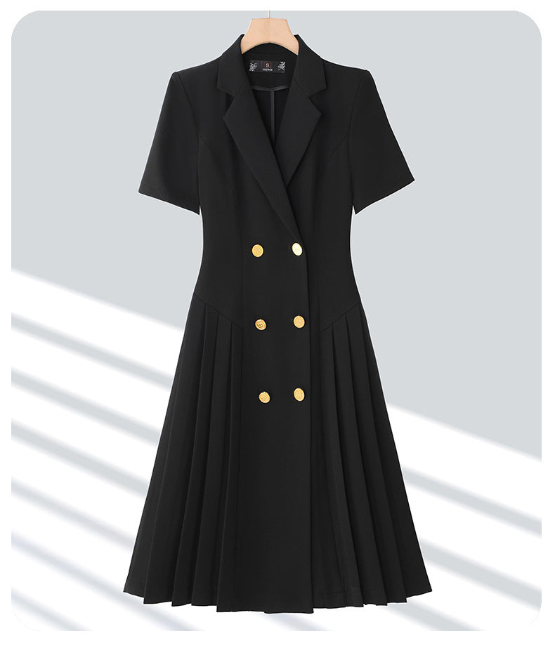 Spring and summer blue short-sleeved dress women's 2025 high-grade double-breasted professional suit collar mid-length skirt