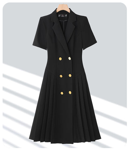 Spring and summer blue short-sleeved dress women's 2025 high-grade double-breasted professional suit collar mid-length skirt