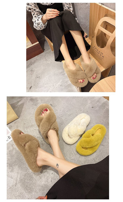 Foreign Trade Furry Slippers for Women 2025 Autumn and Winter New Korean Style Lazy Outer Wear Cross Thick-Soled Open-Toe Slippers for Outer Wear