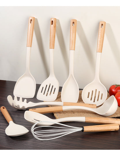 Wooden Handle Silicone Kitchen Utensil Set, Non-Stick Pan, Silicone Spatula, Soup Spoon, High Temperature Resistant Silicone Cooking Spatula, Daily Kitchen Utensils