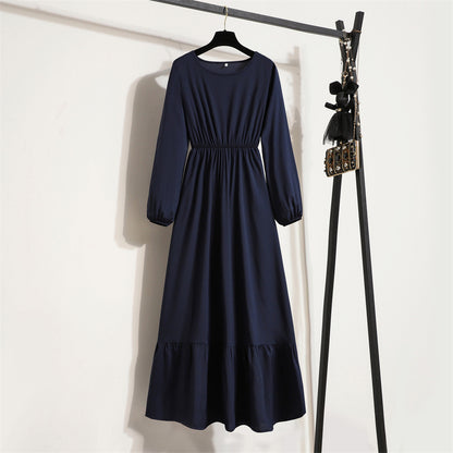 Cross-border Foreign Trade Floral Chiffon Long Dress Women's Spring Dress Long Sleeve Crewneck Base Skirt Waist Slim Long Dress