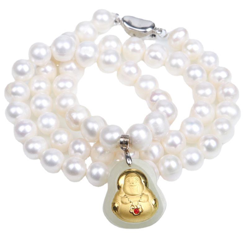 8-9 Natural Freshwater Pearl Necklace, Gold-Inlaid Jade Small Buddha Jade Necklace, Gift for Mom on Mother's Day