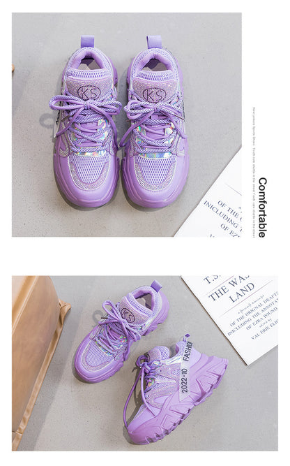 2026 Spring and Autumn Style Dad Shoes, Internet Celebrity Rhinestone Breathable Genuine Leather Shoes for Petite People, Popular Purple Thick-Soled Sports Shoes, Trendy on Instagram
