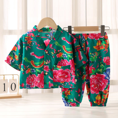 Children's Home Clothes Cotton Silk Suit Summer Boys and Girls Pajamas Artificial Cotton Two-Piece Set Cotton Silk Air-Conditioned Clothes Kidsren's Clothing