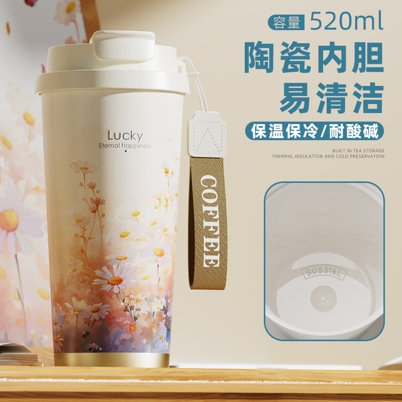 New Ceramic Thermos Coffee Cup for Girls, a Lucky Charm with High Aesthetic Value, Double Drinking Cup, Lily of the Valley Gift Cup