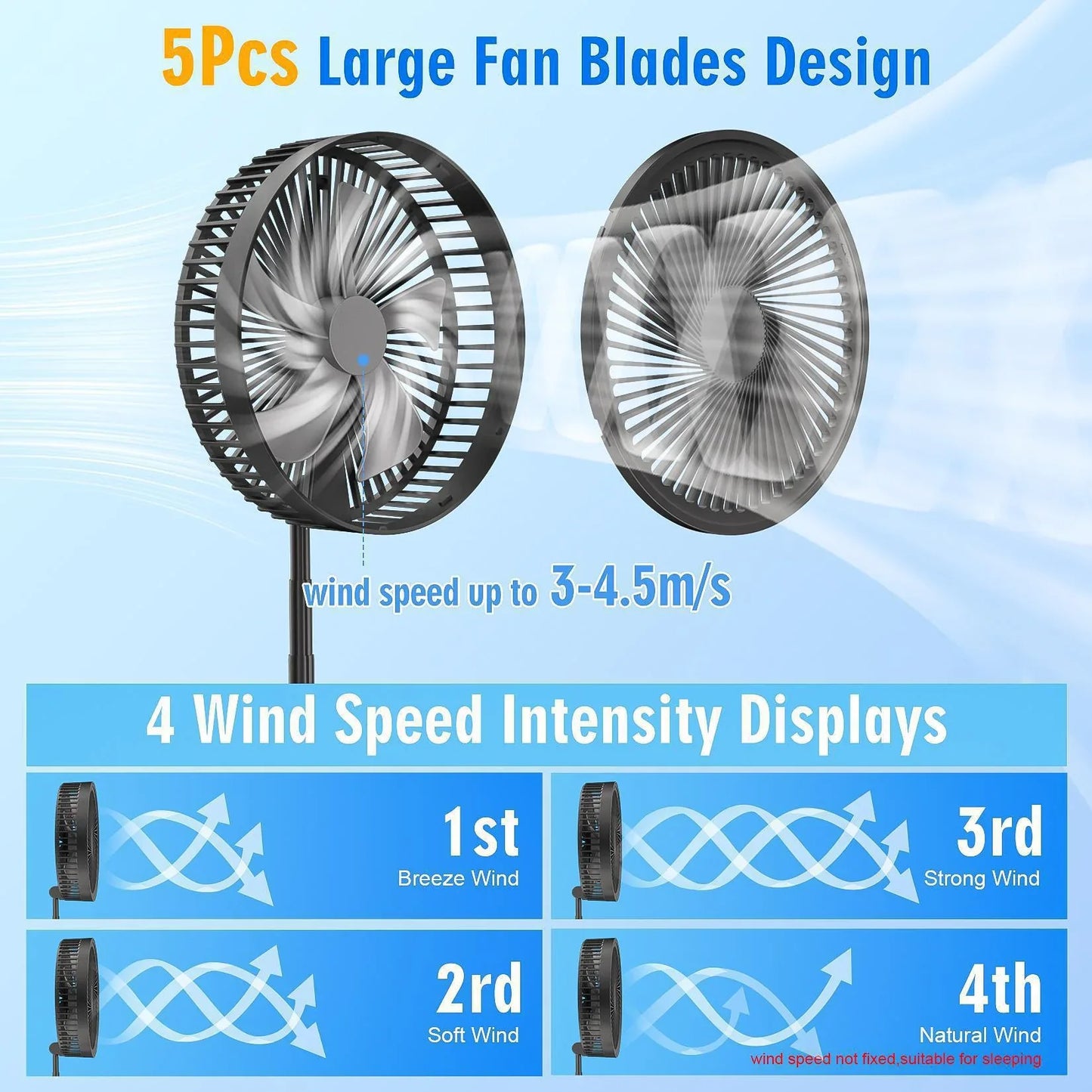 XIAOTREE Wireless Folding Desk Fan Telescopic Outdoor Travel Camping Floor Fan With 7200 mAh USB Rechargeable Fan Standing Fan