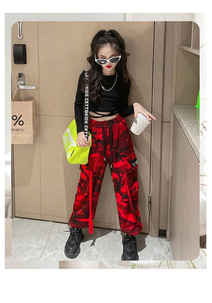 Girls Camouflage Pants Kids Fashion Casual High waisted wide leg pants 2025 Spring Fall ClothesTeen Girl Trousers 8 10 12 14Y