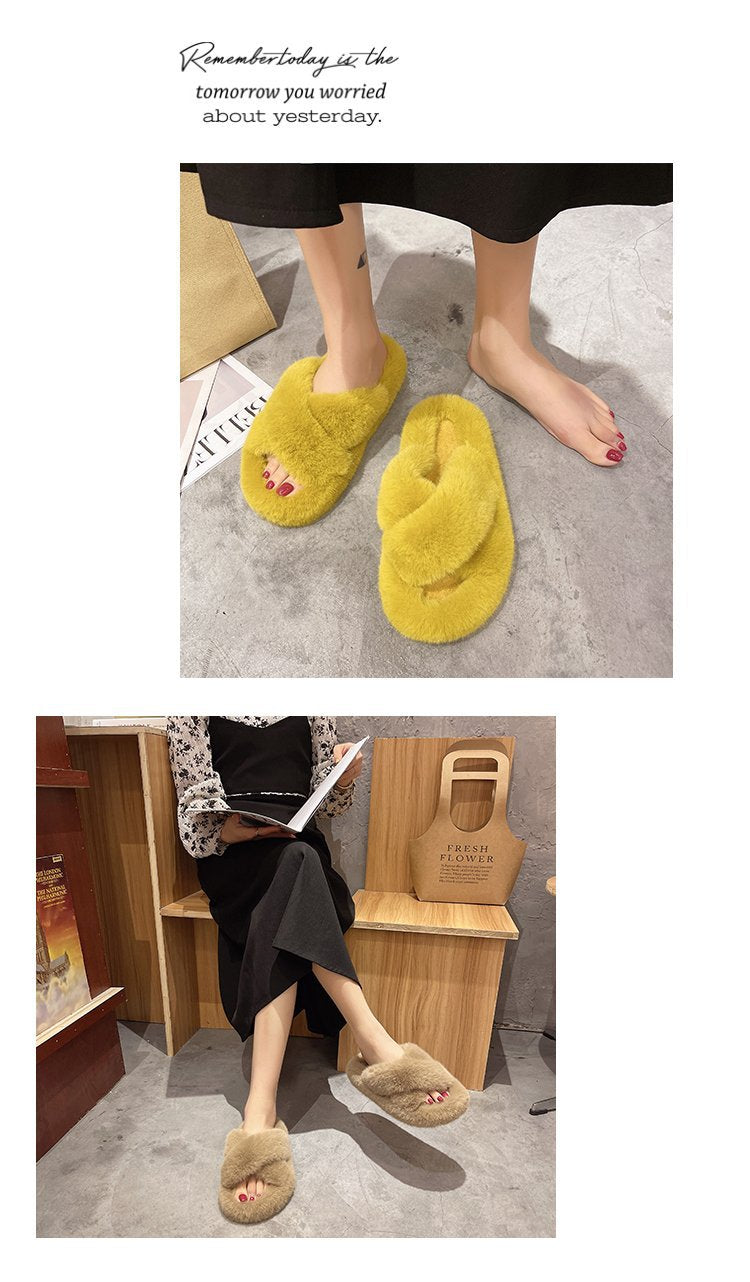 Foreign Trade Furry Slippers for Women 2025 Autumn and Winter New Korean Style Lazy Outer Wear Cross Thick-Soled Open-Toe Slippers for Outer Wear