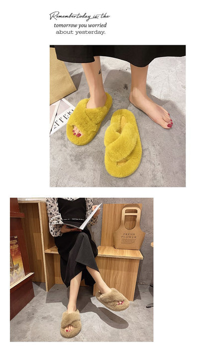 Foreign Trade Furry Slippers for Women 2025 Autumn and Winter New Korean Style Lazy Outer Wear Cross Thick-Soled Open-Toe Slippers for Outer Wear