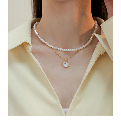 Natural Freshwater Non-nuclear Pearl Double Layer Overlapping Necklace Women's Mother-of-Fritillary Rose Pendant Gold Plated Sweet Light Luxury Set