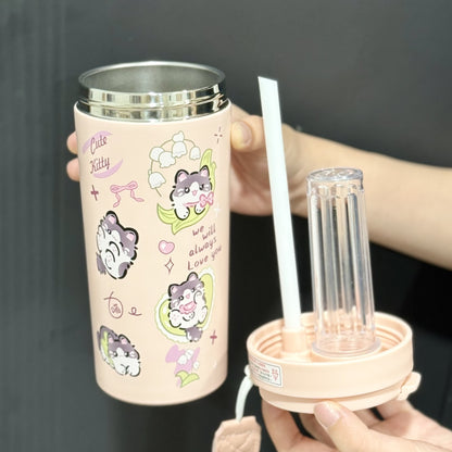 New cute thermos cup 316 stainless steel coffee cup portable double drink portable men's and women's straw accompanying cup