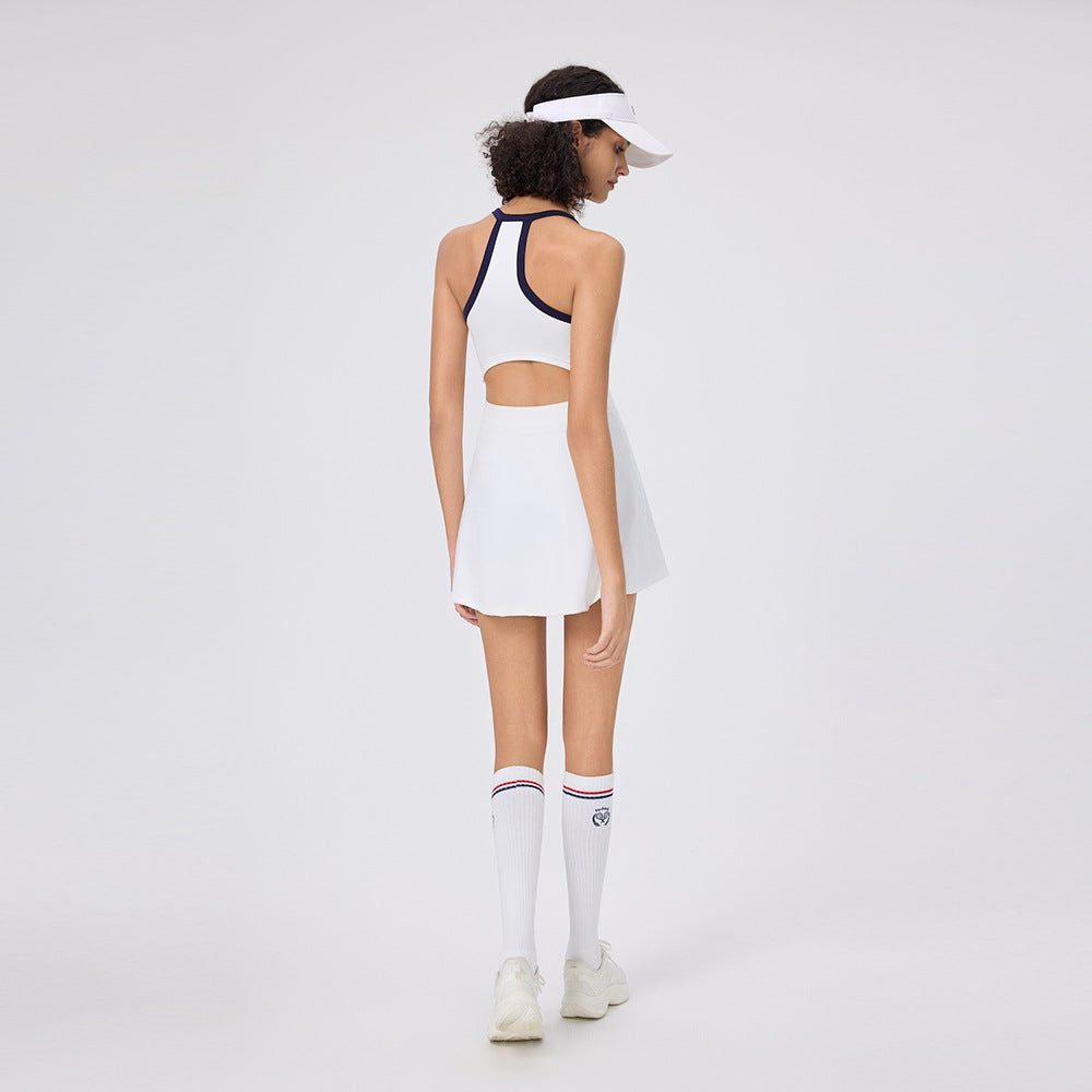 Summer Halter Neck Casual Skin-Friendly Golf Tennis Dress for Women with Built-In Leggings and Tight Fit Pickleball Skirt