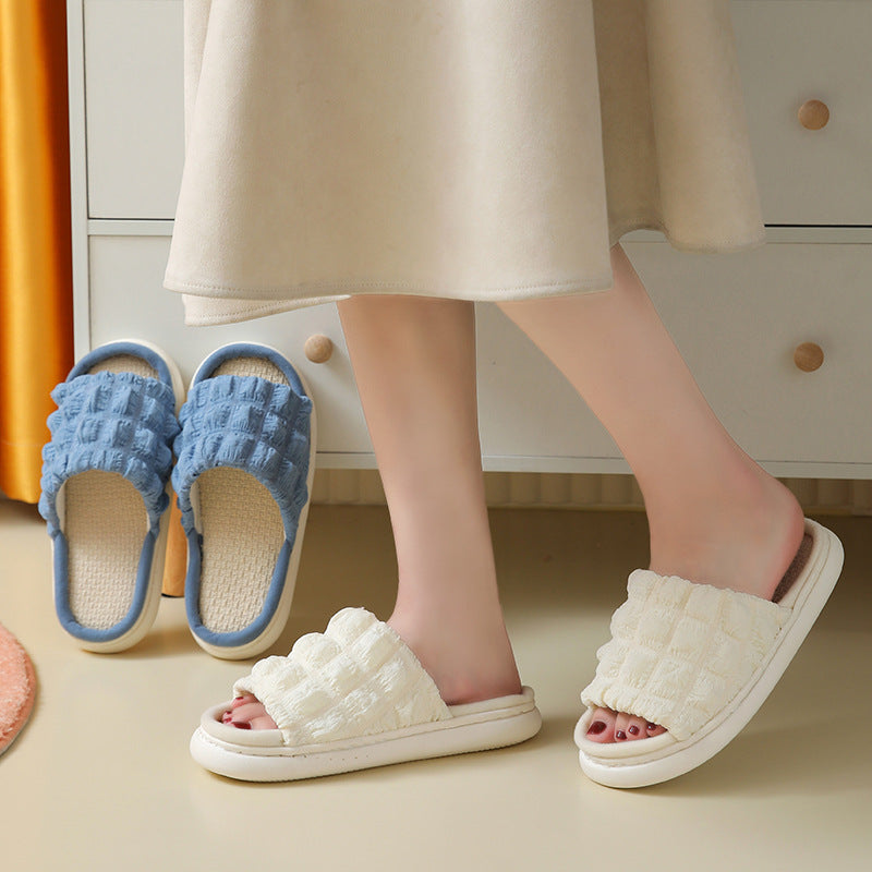 Japanese Linen Slippers for Women Spring & Fall Home Indoor Puff Cotton and Linen Silent Non-Slip Thick-Soled Bathroom Slippers for Men Wholesale