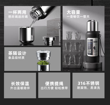 Outdoor Large-Capacity All-Steel Kettle for Men, Tea-Water Separation Vacuum Insulated Cup, 316 Stainless Steel Hiking Sports Water Cup