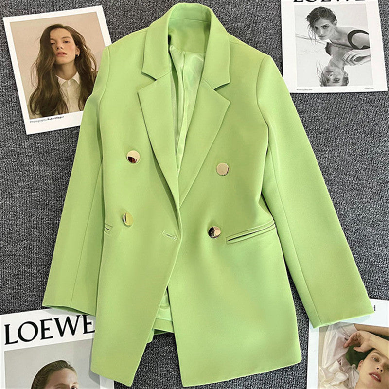Green Metal Buckle Korean Style 2024 Spring and Autumn New Milk White Suit Jacket Women's Casual All-match High-end Suit