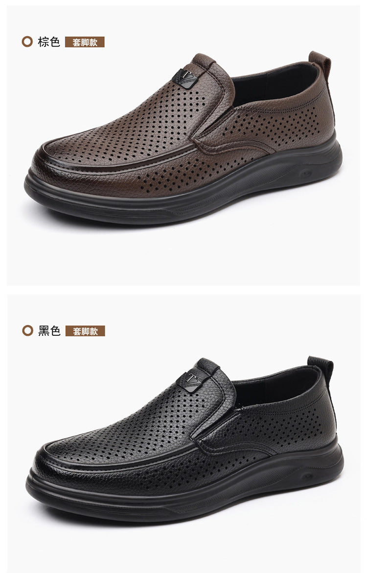 Summer Men's Shoes for Middle-Aged and Elderly People, Genuine Leather Breathable Men's Sandals, Leather Shoes, Soft Soles, Hollow Casual Shoes, Clogs