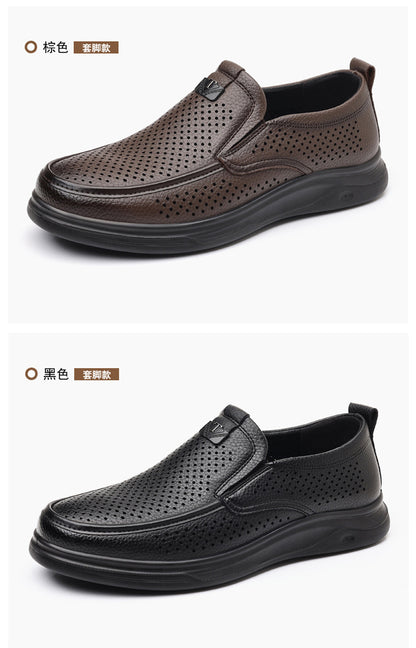 Summer Men's Shoes for Middle-Aged and Elderly People, Genuine Leather Breathable Men's Sandals, Leather Shoes, Soft Soles, Hollow Casual Shoes, Clogs