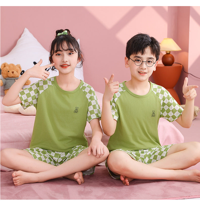 Children's Pajamas, Pure Cotton, Summer Short-Sleeved Shorts Set for Boys, Home Clothes for Girls, Air-Conditioned Clothes for Middle-Aged and Older Boys