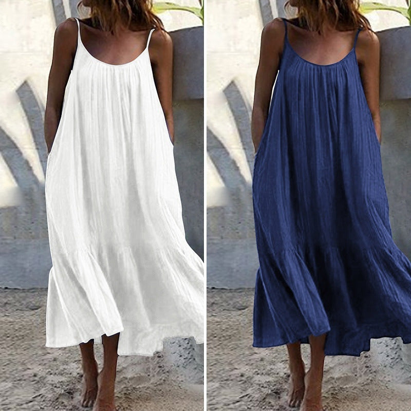 2024 Summer European and American New Ruffled Solid Color Long Dress Sleeveless Loose Thin Shoulder Strap Dress Summer dress