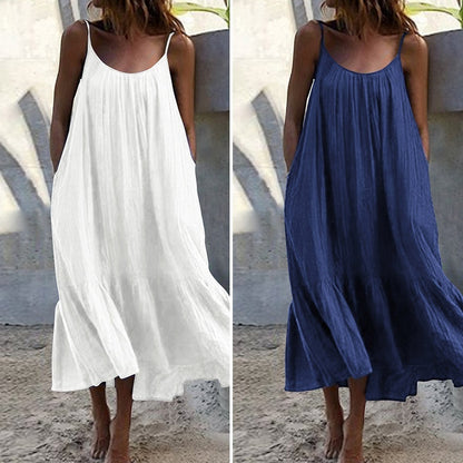 2024 Summer European and American New Ruffled Solid Color Long Dress Sleeveless Loose Thin Shoulder Strap Dress Summer dress